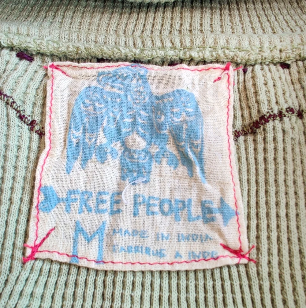 VINTAGE 90s FREE PEOPLE EMBROIDERED THERMAL ZIP HOODIE In Green Size Medium - Picture 5 of 6